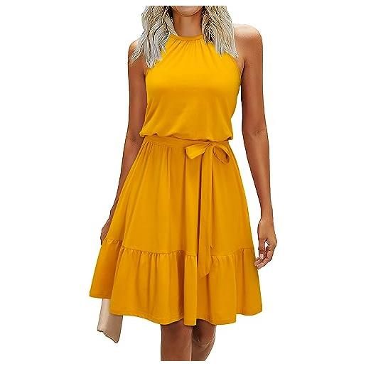 Newshows donna estate collo a fiori modello abiti per il tempo libero senza maniche ruffles abito da spiaggia con tasche(giallo, l)