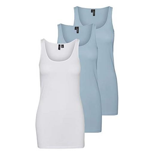 VERO MODA - canotta da donna, confezione da 3 pezzi blu/bianco (2 x blu nebbia/1 x bianco luminoso) m
