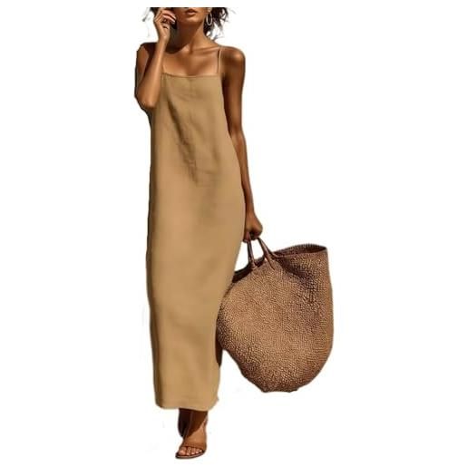 Generic abito lungo maxi in lino e cotone con scollo quadrato e spalline sottili senza maniche abiti lunghi da donna casual larghi per resort stile boho, cachi, s