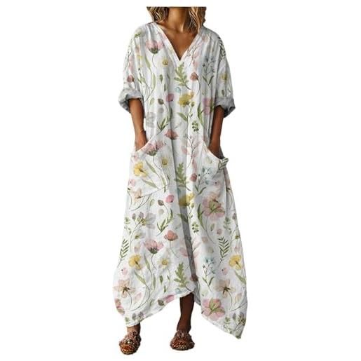 Mfhmom vestito donna estivo lungo in cotone e lino abito boho chic con grandi tasche scollo a v manica corta ampio traspirante casual vestiti lunghi estivi donna leggero mare