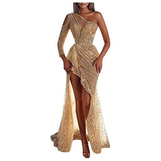 Generic abito da donna con brillantini, abito da cocktail, elegante a spalla, in tulle, sexy, con paillettes, con fessura, alla moda, abito da sera lungo, abito da ballo, abito da principessa damigella