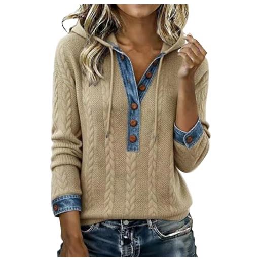 Generic felpe con cappuccio da donna in denim patchwork vintage con collo a polo maglioni a maglia con bottoni in denim pullover a maglia grossa maglioni primaverili per uscire top cuciture felpa con