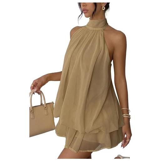 Xiaoliny vestito donna elegante senza maniche mini abito con scollo halter e volant estivo vestiti ampio in chiffon sexy abiti schiena scoperta con laccio vestito corto per festa discoteca cocktail
