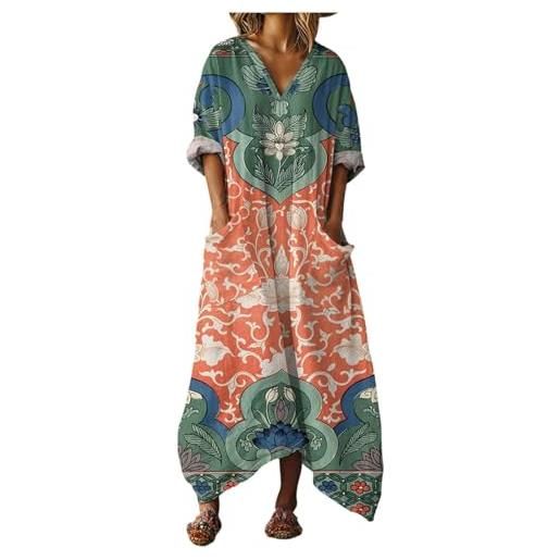 Mfhmom vestito donna estivo lungo in cotone e lino abito boho chic con grandi tasche scollo a v manica corta ampio traspirante casual vestiti lunghi estivi donna leggero mare