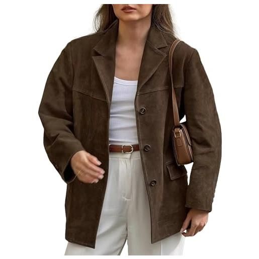 Bexhide cappotto casual classico da donna in vera pelle scamosciata marrone con risvolto, marrone, m