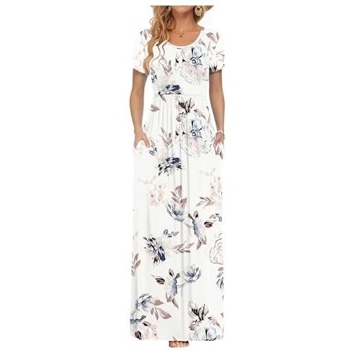 AUSELILY maxi abito per donna estate casual vestito a maniche corte per gonna lunga con tasche bianco fiori l