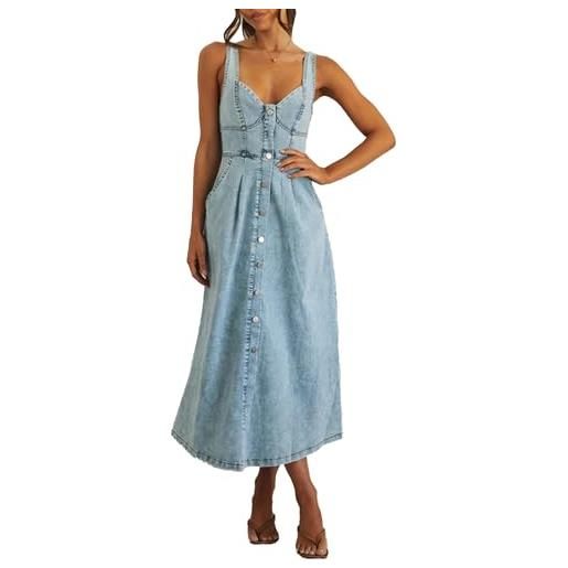 xxxiticat abito da donna in denim con bottone, senza maniche, linea ad a, abito lungo con tasca, blu, xxl