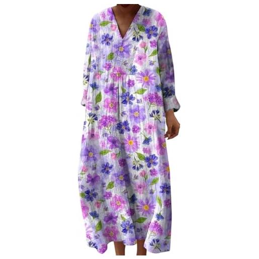 Gienslru abito estivo lungo donna boho chic floreale vintage, scollo a v maniche lunghe in lino leggero con tasche, vestito elegante casual per vacanze primavera estate taglie forti curvy 2026 moda cerimonia