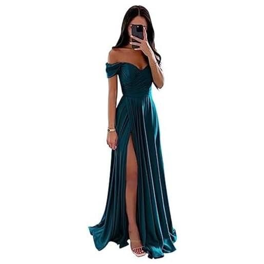 ECDAHICC - abito da damigella d'onore da donna, senza spalline, in raso, lungo, con spacco, elegante, abito da sera formale, a-line, per matrimonio e festa, blu scuro, xs