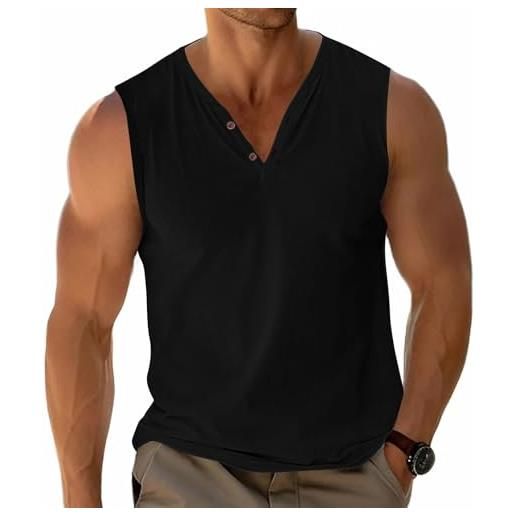 Fastkoala uomo basic canotte vests senza maniche magliette henley t-shirts in cotone bottone scollo a v morbido stretch nero m