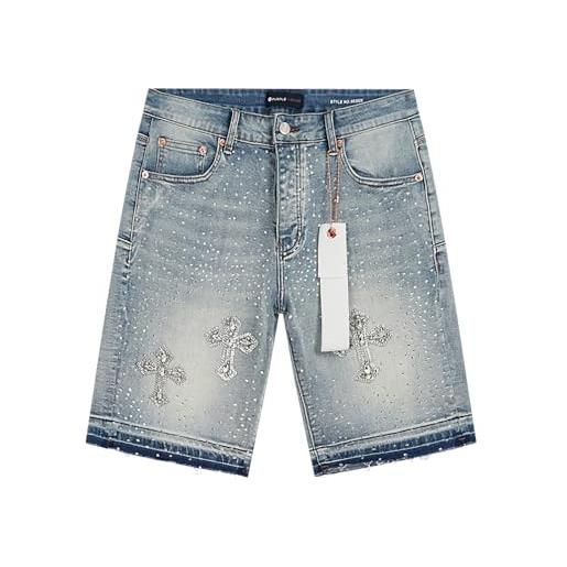 Oryvandel pantaloncini jeans uomo con strass e croci y2k, bermuda denim shorts stile streetwear hip hop, pantaloni corti elasticizzati con brillantini e orlo sfrangiato
