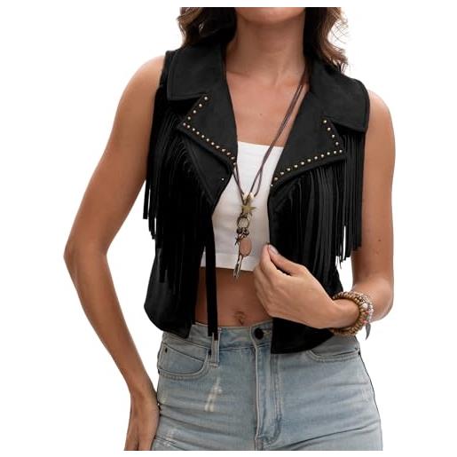 Adigau gilet da donna in finta pelle scamosciata giacca corta elegante giacca senza maniche hippie vintage casual gilet con frange cowgirls nero s