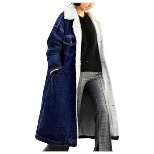 Juankrynord cappotto in denim imbottito di media lunghezza da donna cappotto in denim lungo caldo spesso stile punk cappotto a maniche lunghe con bottoni (blu scuro, s)
