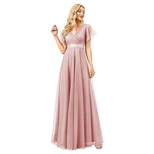 Ever-Pretty vestito da festa donna linea ad a tulle abito da sera scollo v lungo cerimonia rosa 40eu