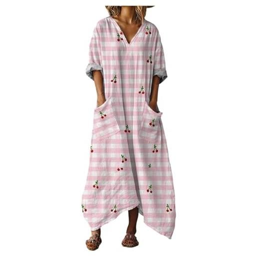 Mfhmom vestito donna estivo lungo in cotone e lino abito boho chic con grandi tasche scollo a v manica corta ampio traspirante casual vestiti lunghi estivi donna leggero mare