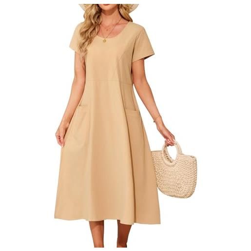 Niwicee vestiti estivi donna elegant abito medio lunghi scollo a rotondo a maniche corte casual abiti cotone tinta unita vestito da mare lunghezza oltre il ginocchio con tasche (cachi, l)