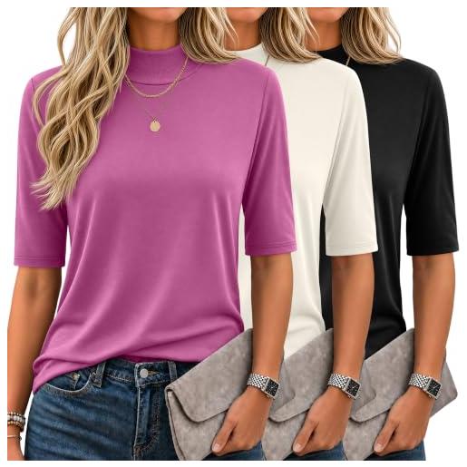 Ficerd - confezione da 3 magliette casual estive basiche da donna con collo alto a maniche lunghe e mezza manica(s, rosa, crema, nero)