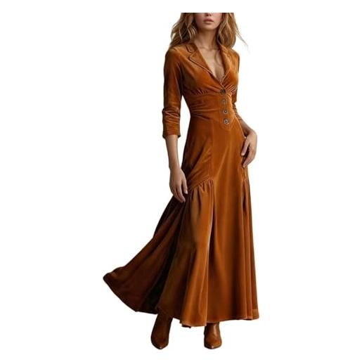 Generisch abito lungo da donna in velluto stile vintage, elegante maxi abito con colletto a risvolto e bottoni, abito autunnale attillato in marrone