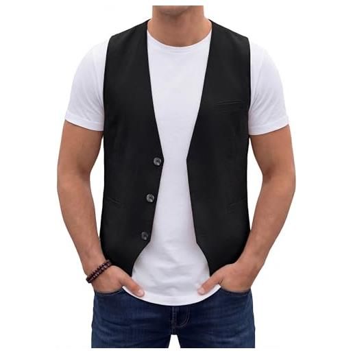 HISDERN gilet estivo da uomo in lino traspirante in cotone e lino con tasche nero l