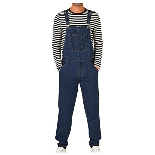 Generico 2024 salopette da uomo jeans in denim casual taglie forti cotone pantaloni strappati uomo in tinta unita salopette uomo jeans slim fit con tasche moda multi tasche jumpsuit da lavoro con bretelle