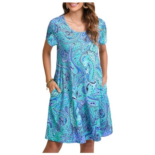Enmain abito estivo donna a maniche corte t-shirt vestiti con tasche casual boho lunghezza al ginocchio abito donna, blu. Acqua, l