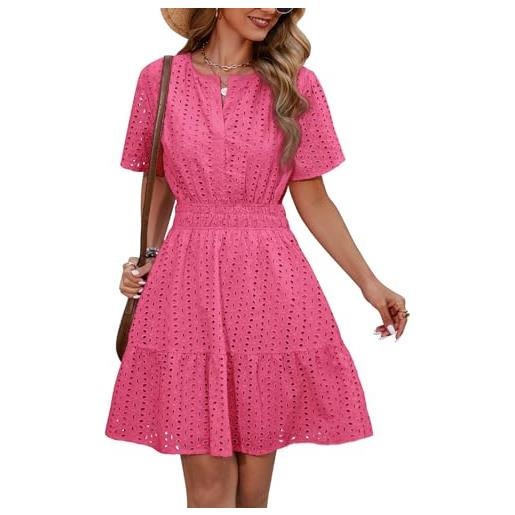 Svanco vestito donna in cotone, abito estivo donna elegante con scollo a v e motivo traforato, abito cerimonia donna per matrimonio in spiaggia, casual, feste e vita quotidiana