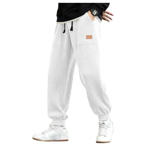 WINKEEY pantaloni in velluto a coste da uomo pantaloni cargo con coulisse e vita elastica con 4 tasche, bianco 3xl