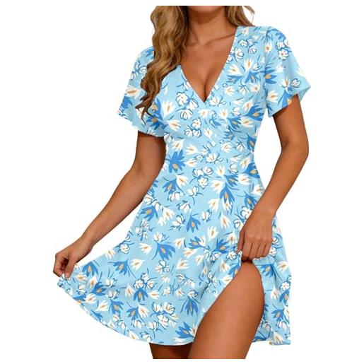 Generico vestiti estivi donna cotone abito lungo estivo vestito fiori casual elegante cerimonia abiti tubino curvy corto vestitini eleganti summer dress lino primaverile corti a cardigan blu s