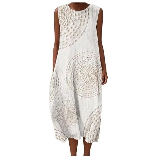 Mfhmom vestito donna estivo lino effetto pieghettato abito lungo senza maniche boho chic casual spiaggia vacanza stampe colorate girocollo comodo leggero midi gown