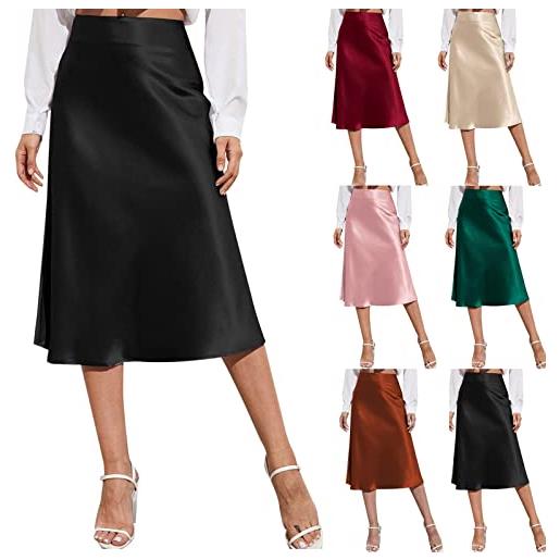 Generic gonna da donna in raso, lunga, elegante, a vita alta, per lavoro, estate, a vita alta, con chiusura lampo, gonna a righe, colore solido, lunghezza al ginocchio, stile retrò, da cocktail, vino, l
