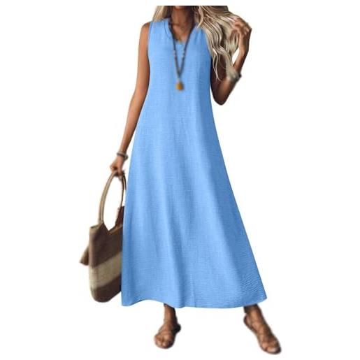 Generisch abiti in lino da donna 2025, maxi abito senza maniche con scollo a v, casual, lungo, fluente