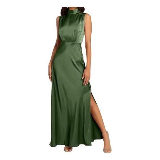 BDSCZW abito da donna elegante in raso, senza maniche, a vita alta, per matrimonio, formale, per cocktail, per feste, z verde scuro, xl