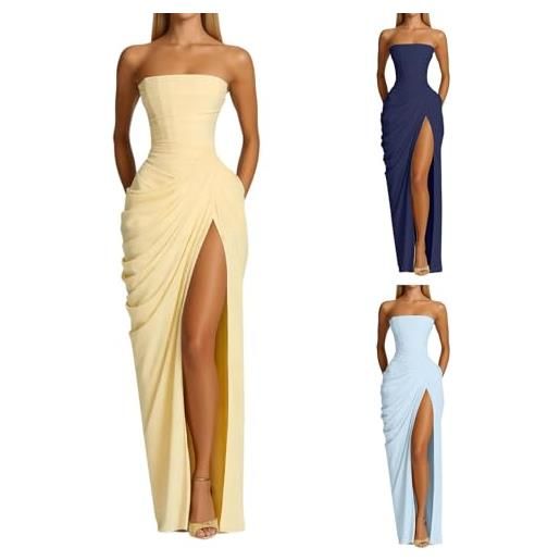 Generico abito da cerimonia donna vestito lungo elegante senza spalline bandeau plissettato aderente con spacco abito da sera per matrimonio damigella serata formale cena di gala promozione