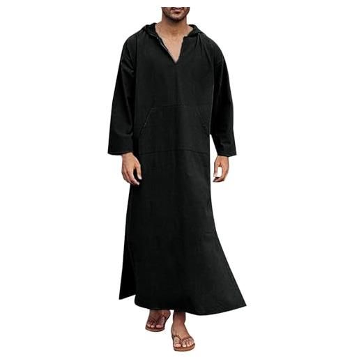 WAZHAKU abiti musulmani da uomo djellaba con cappuccio abiti a maniche lunghe in lino dubai robe da uomo con cappuccio robe manica corta abito musulmano etnico maxi abito ramadan abiti musulmani, nero