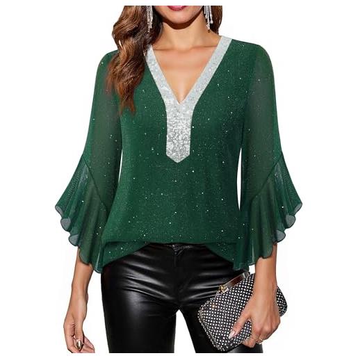 Bodhi talk elegante camicetta da donna a 3/4, maniche a volant, con brillantini, tunica con scollo a v, a doppio strato, in rete, ideale per tutti i giorni e le feste