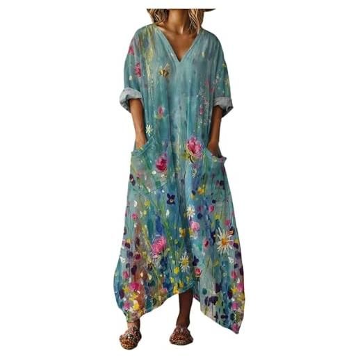 Mfhmom vestito donna estivo lungo in cotone e lino abito boho chic con grandi tasche scollo a v manica corta ampio traspirante casual vestiti lunghi estivi donna leggero mare