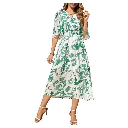 PASUDA abiti donna estivi vestiti manica corta vestito lungo elegante scollo a v boho stampa floreale elastico a vita alta abito da mare spiaggia casual cocktail party (quadrati verdi, s)