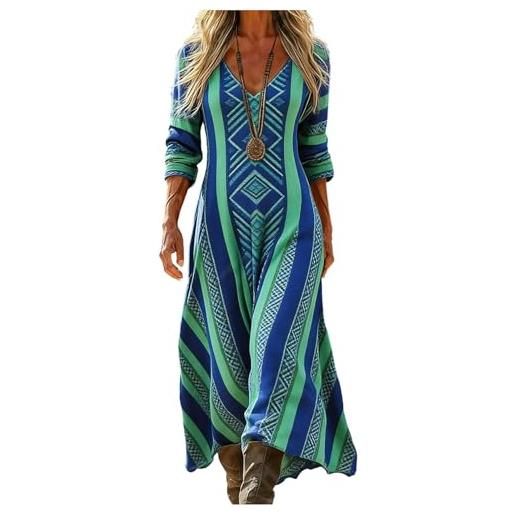 Generico vestito lino donna primavera estate abito lungo boho chic scollo a v manica 3/4 maxi vintage geometrico con tasche casual mare spiaggia vacanza taglie forti comodo elegante 2026