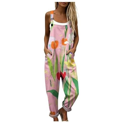 Generico salopette donna estiva lunga in lino boho chic elegante tuta intera curvy con stampa jumpsuit pantaloni gamba larga senza maniche moda baggy cotone taglie forti mare vacanza comoda (a07, s)