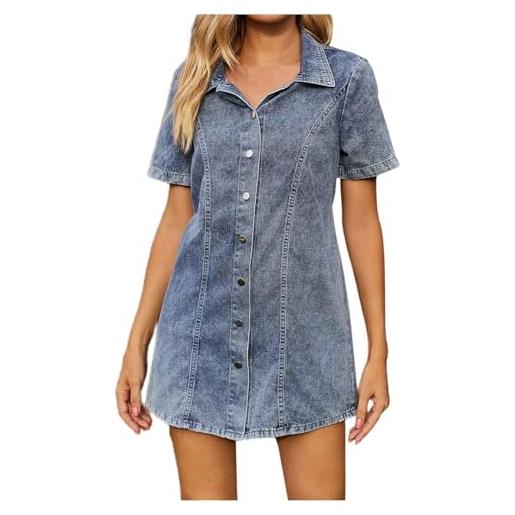 Generico abito casual donna denim con bottoni automatici e cintura elastica per un comfort quotidiano e stile moderno (blue, m)