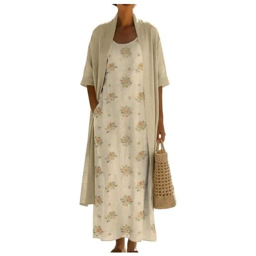 Generico completo donna elegante - taglie forti set vestito e cardigan coordinato abito estivo spolverino boho vintage cotone e lino leggero fresco cerimonia matrimonio vacanza abiti lunghi