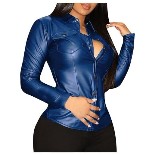 Generico camicia da donna casual tinta unita slim fit in ecopelle durevole fredda scollo a v camicetta indossare tutti i giorni