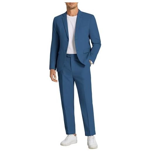 Coofandy - completo da 2 pezzi in cotone e lino da uomo, casual, leggero, giacca a vestibilità regolare, pantaloni da abito, blu, 2xl