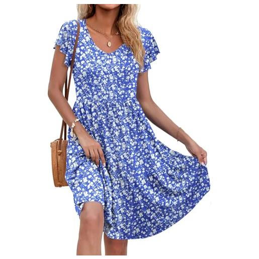 AUSELILY donne abito estivo elegante increspature petal v-neck sundress manica corta abito casual con tasche fiori bianchi e blu m