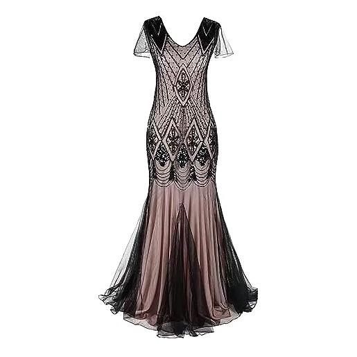 BOTCAM abito da sera da donna, lungo, da sera, da donna, anni '20, great gatsby, abito da sposa da donna, con paillettes, nappa, con scollo a v, senza maniche, da sera, con nappa