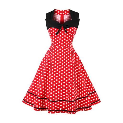 AXOE donna abito vintage anni 50 elegante con fiocco rockabilly cotone senza maniche per festa cerimonia rosso pois bianco taglia 50, xxl