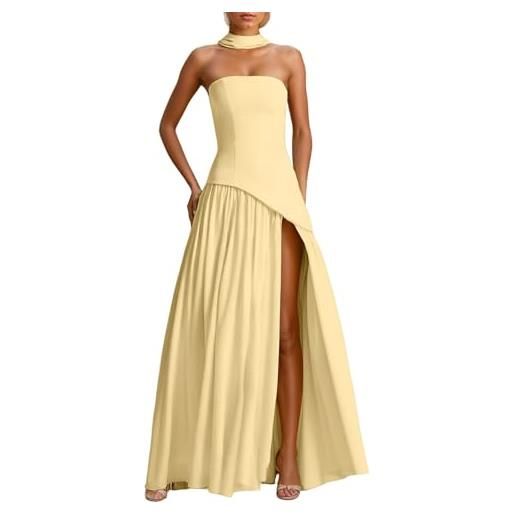 NaLatia abito da donna in raso, senza spalline, abito lungo con sciarpa di seta, abito da sera formale, senza maniche, elegante abito midi bohémien