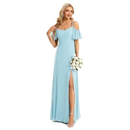 Ever-Pretty abiti da damigella d'onore lunghi in chiffon con dalla spalla in stile impero a maniche corte da donna con spacco laterale cielo blu 54