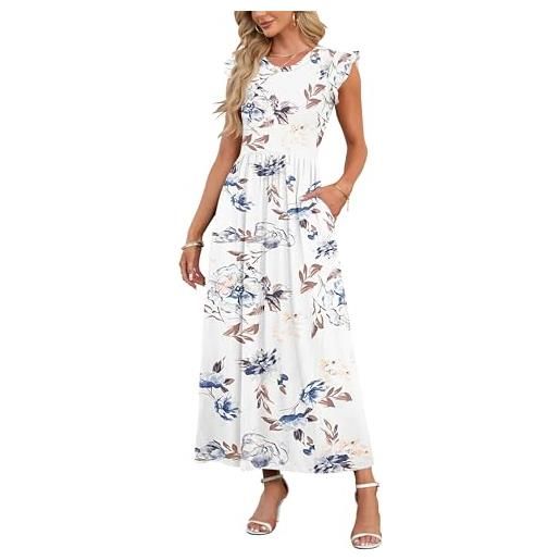 AUSELILY donna elegante abito estivo con corte maniche abito con tasche collo tondo gonna da spiaggia gonna lunga(fiori bianchi, xxl)