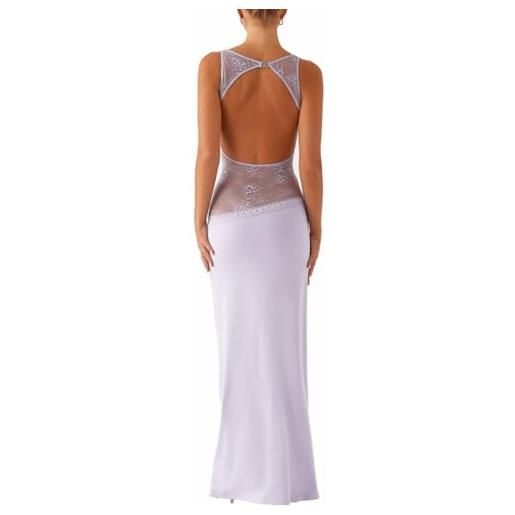 XIXIMAON vestito lungo sexy aderente a schiena scoperta, da donna, abito da sera da cocktail, elegante, senza maniche, in pizzo, patchwork y2k clubwear, viola. , s